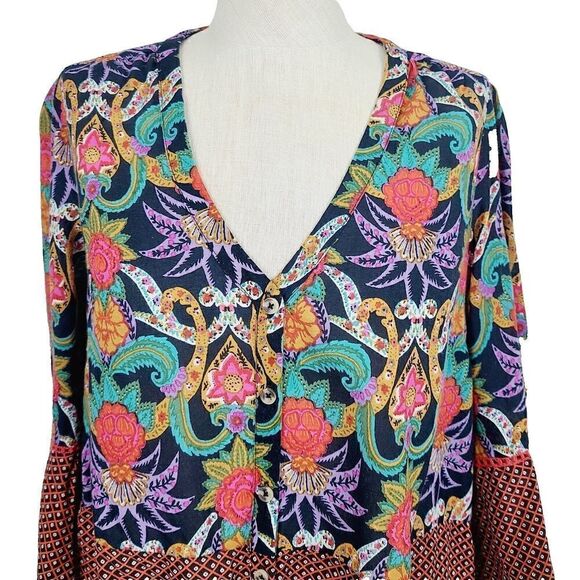 Maeve‎ Anthropologie Blouse 4 Black Multi Floral Tie Button Front V-Neck Top - Picture 2 of 8